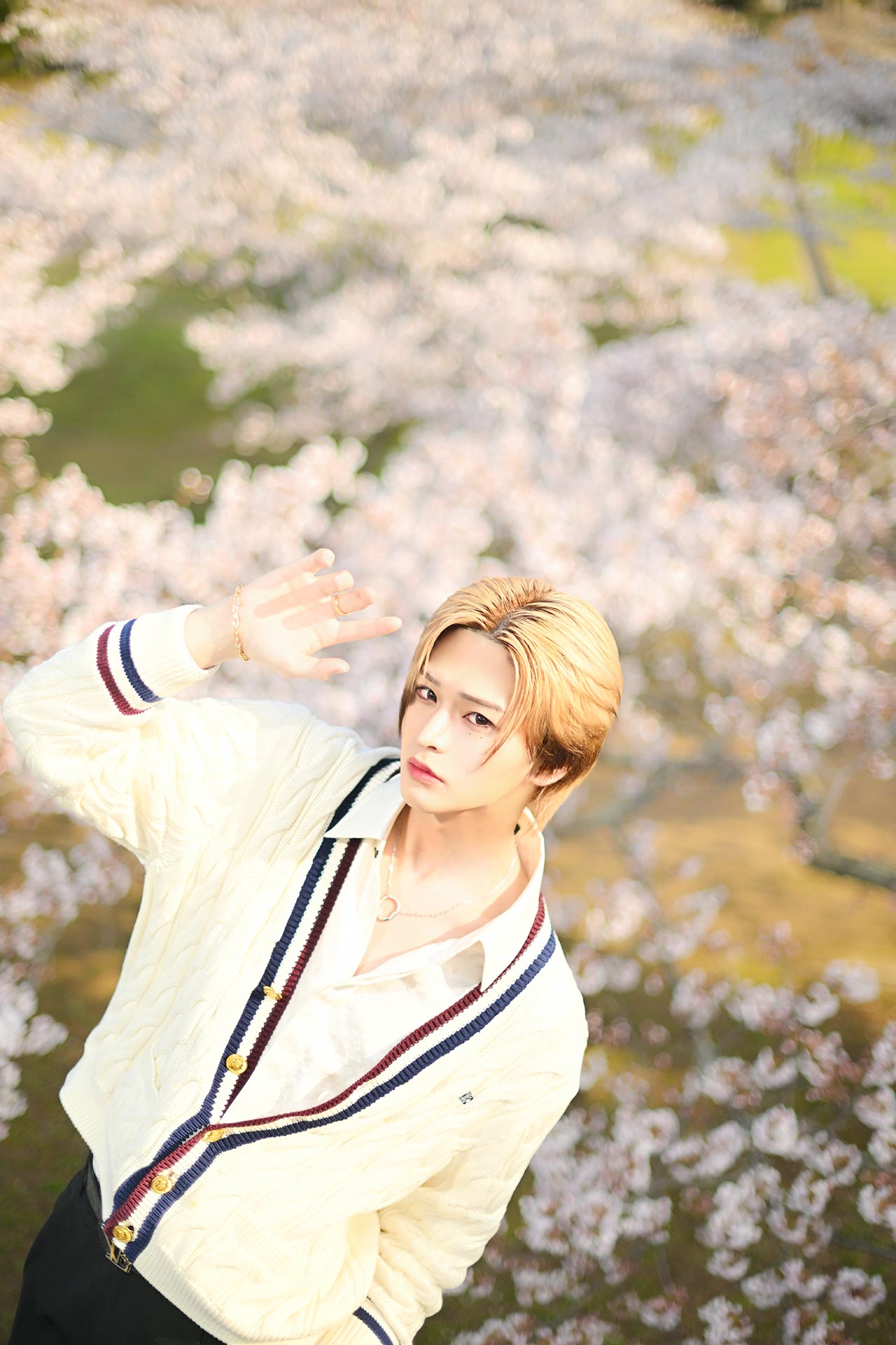 Leo 美月が満開の桜を背景に手をかざしながらカメラを見つめる春ポートレート