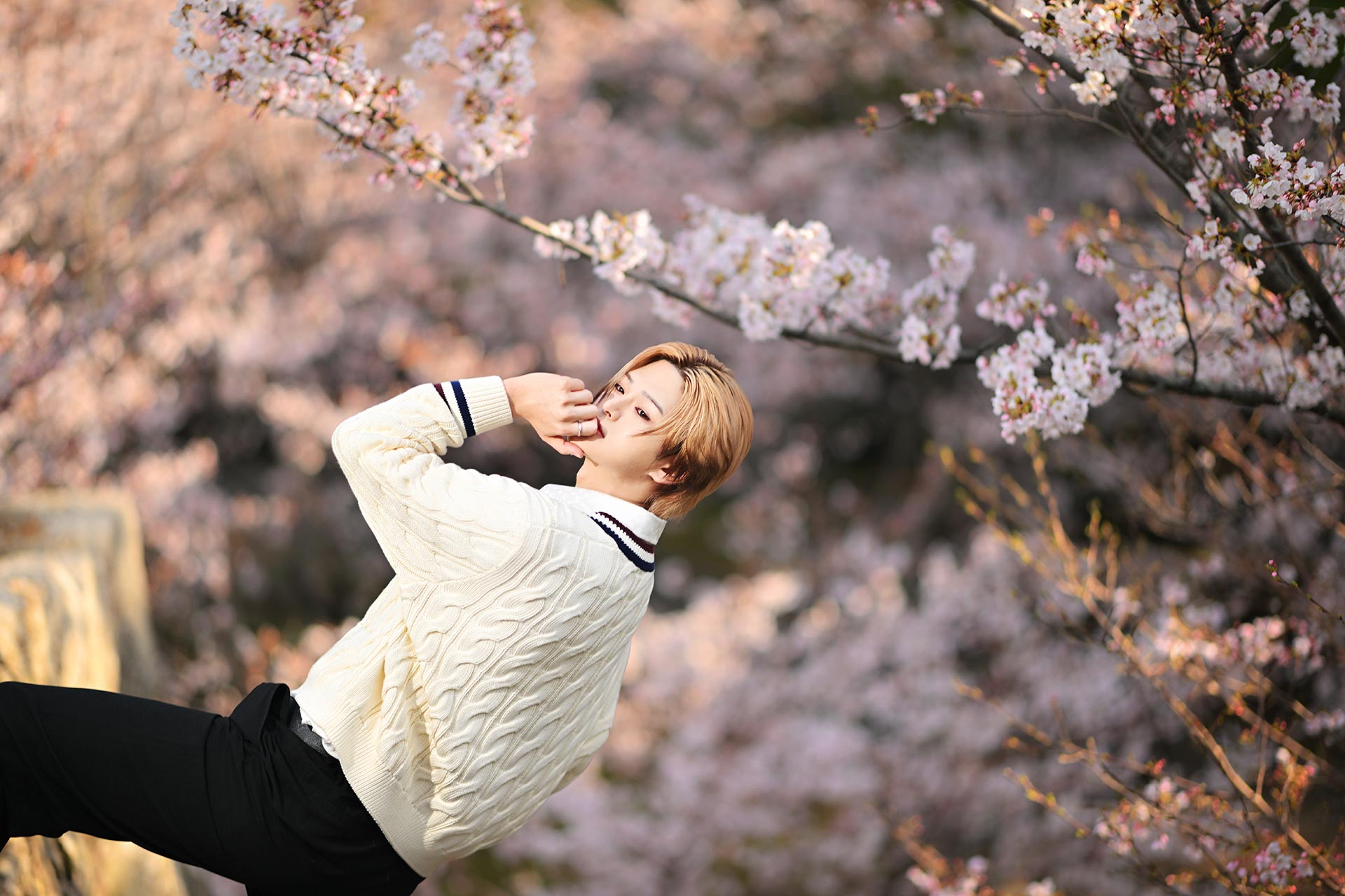 Leo 美月が桜並木の中で振り返りながらポーズを取るアート風写真